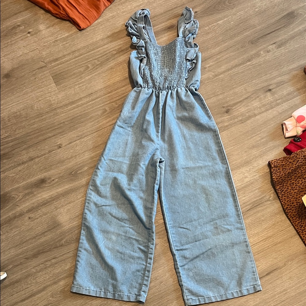 btween Light Blue Ruffle Strap Denim-Style Jumpsuit